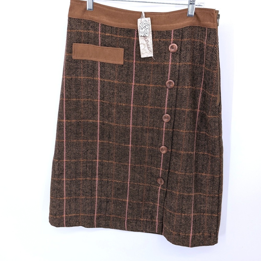 Mystree‎ Wool Blend Skirt Women Large Brown Herringbone Plaid Button Front Midi